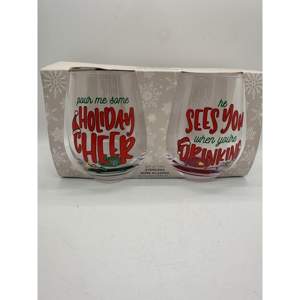 Merry Makers Holiday Stemless Wine Glasses Set of 2‎ Christmas Sayings 16oz